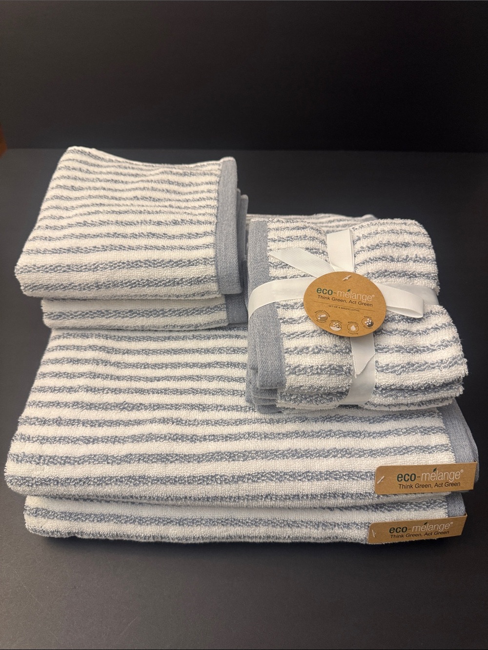 8pc Eco-Melange Striped Bath Towel Set - Waterless Coloring-Absorbent-White/Blue